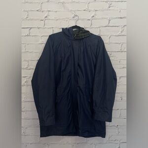 Totes Navy Blue Rain Coat with Hood and Plaid Lining Size Small